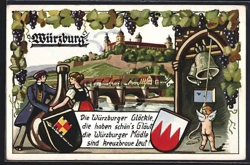 AK Würzburg, Stadt-Panorama, Die Würzburger Glöckle...