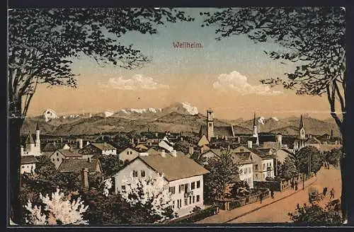 AK Weilheim / Oberbayern, Blick auf den Ort mit Bergpanorama