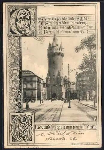 AK Frankfurt a. M., Eschenheimer Turm mit Strasse, Gedicht, Ornamente