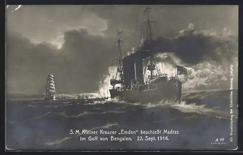 AK Madras, Kleiner Kreuzer Emden beschiesst den Ort 1914, Segelschiff