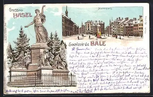 Winter-Lithographie Basel, Marktplatz und St. Jakob Denkmal