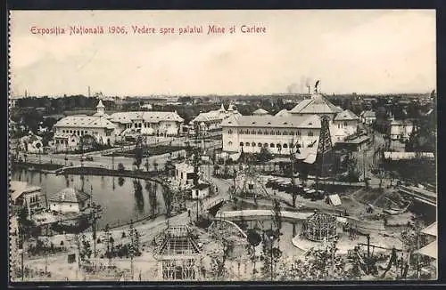 AK Bukarest, Expositia Nationala 1906, Vedere spre palatul Mine si Cariere