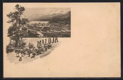 AK Maloja, Ortsansicht und Postkutsche