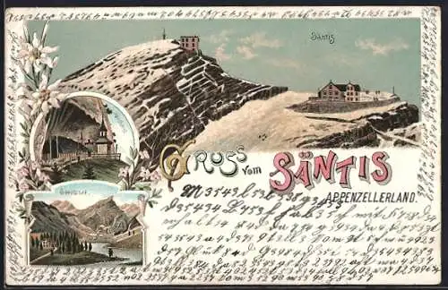 Winter-Lithographie Säntis, Schutzhaus in Gipfelnähe, Wildkirchli, Seealpsee