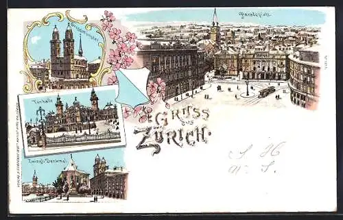 Lithographie Zürich, Tonhalle, Zwingli Denkmal, Paradeplatz