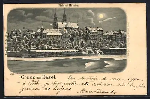 Winter-Lithographie Basel, Pfalz mit Münster im Schnee