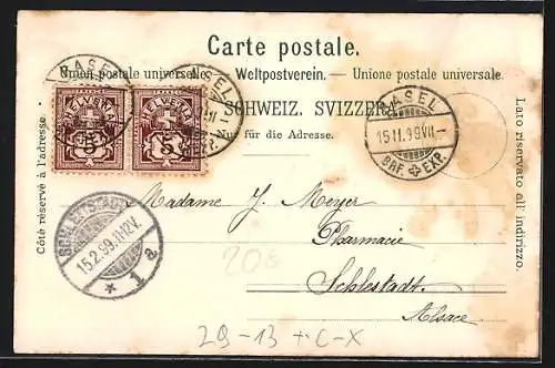 Winter-Lithographie Basel, Pfalz mit Münster im Schnee