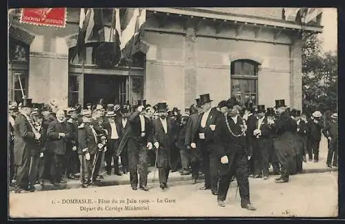AK Dombasle, Fêtes du 20 Juin 1909, La Gare, Départ de Cortège Ministériel