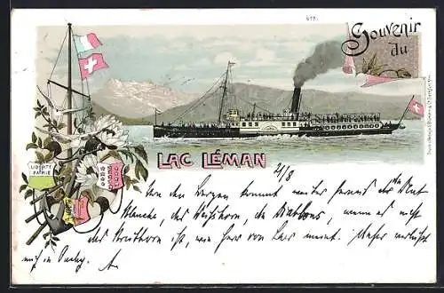 Lithographie Salon-Raddampfer auf dem Lac Léman