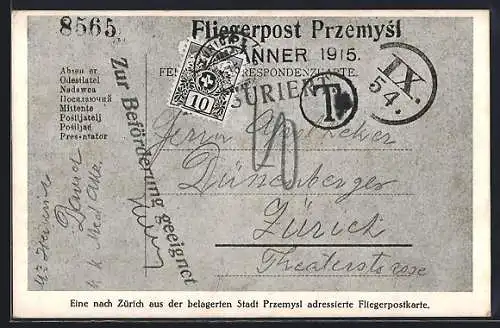 AK Zürich, Briefmarken-Ausstellung 1915, aus Przemysl nach Zürich adressierte Fliegerpostkarte