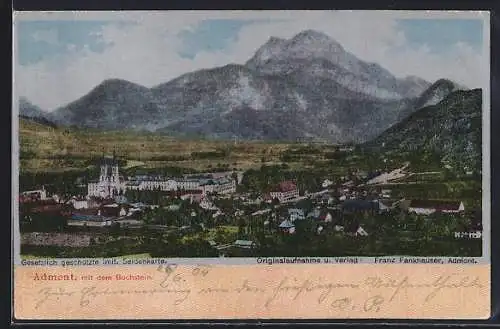 Seiden-Imitations-AK Admont, Ortsansicht mit dem Buchstein