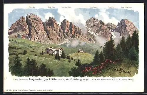Künstler-AK F.A.C.M. Reisch: Regensburger Hütte, Geislergruppe