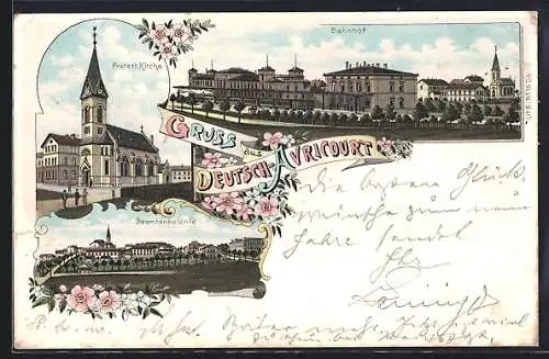 Lithographie Deutsch-Avricourt, Bahnhof, Kirche und Beamtenkolonie