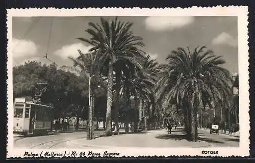 AK Palma de Mallorca, Paseo Sagrera, Strassenbahn unter Palmen