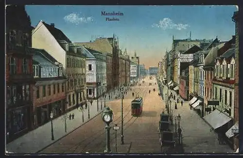 AK Mannheim, Planken, Strassenpartie mit Strassenbahn aus der Vogelschau
