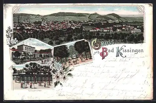 Lithographie Bad Kissingen, Konversationsgebäude mit Kolonnaden, Kurgarten mit Quellengruppe, Rakozybrunnen