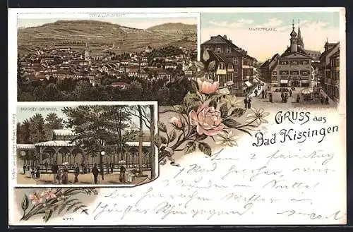 Lithographie Bad Kissingen, Marktplatz, Rakoczy-Brunnen und Totalansicht