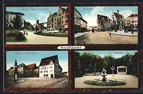 AK Nordhausen, Kornmarkt, Rathaus, Gehege und Kaiser Friedrich-Denkmal