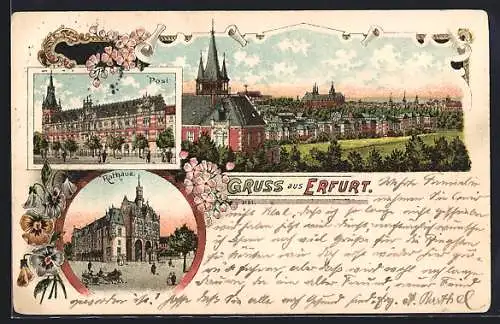 Lithographie Erfurt, Post, Rathaus, Totalansicht