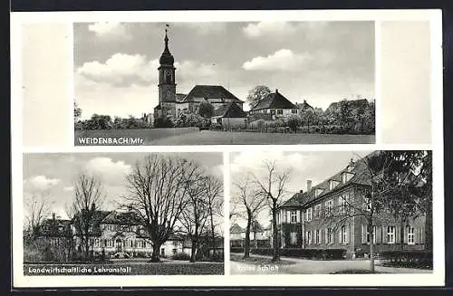 AK Weidenbach / Mfr., Landwirtschaftliche Lehranstalt, Rotes Schloss, Teilansicht mit Kirche