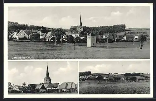 AK Unternbibert i. Mfr., Bäckerei und Kolonialwaren Hufnagel, Ortstotale, Blick zur Kirche