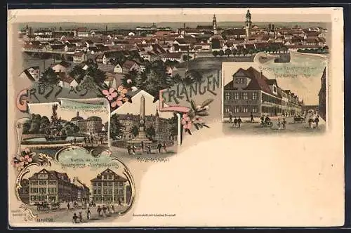 Lithographie Erlangen, Kaiserdenkmal, Hauptstrasse, Nürnberger Tor