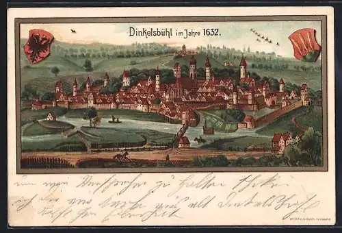 Lithographie Dinkelsbühl, Ortsansicht im Jahre 1632, Wappen