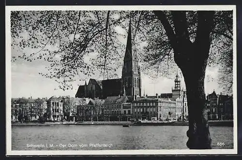 AK Schwerin / Mecklenburg, Der Dom vom Pfaffenteich aus gesehen