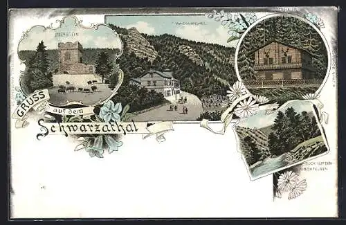 Lithographie Schwarzathal, Gasthaus Waidmannsheil u. Strasse, Burg Eberstein u. Wildschweine, Schweizerhaus, Kirchfelsen