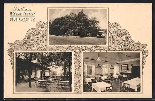 AK Pirna-Copitz, Speisesaal und Garten des Gasthaus Wesenitztal von Otto Zschäkel