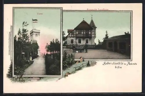 AK Steina / Pulsnitz, Partie am Gasthaus Schwedenstein, Turm