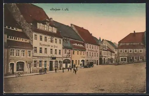 AK Stolpen /Sa., Marktplatz mit Restaurant zur Post und Conditorei-Cafe