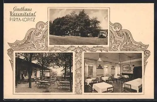 AK Pirna-Copitz, Speisesaal und Garten des Gasthaus Wesenitztal von Otto Zschäkel