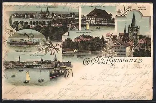 Lithographie Konstanz, Münster, Bodensee Dampfer, Landungssteg