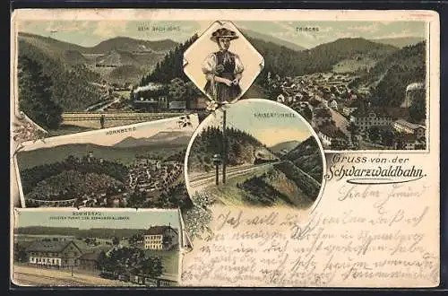 Lithographie Hornberg / Baden, Teilansicht, Sommerau höchster Punkt der Schwarzwaldbahn, Kaisertunnel