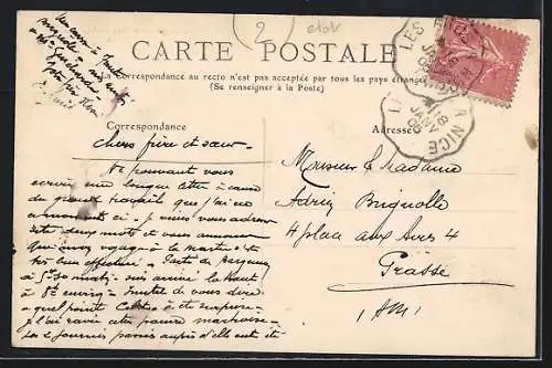 AK Nice, Vue d`un bâtiment avec texte manuscrit au premier plan