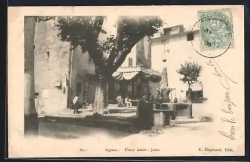 AK Signes, Place Saint-Jean et fontaine ombragée par des arbres
