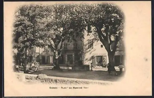 AK Signes, Place du Marché animée par des arbres et des passants