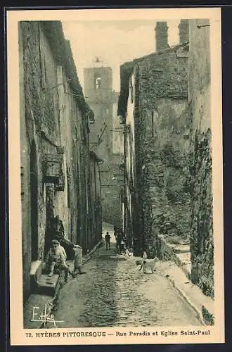 AK Hyères, Rue Paradis et Église Saint-Paul