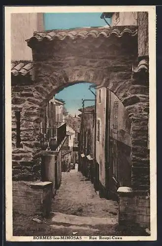 AK Bormes-les-Mimosas, Rue Roupi-Cau à travers l`arc en pierre ancienne