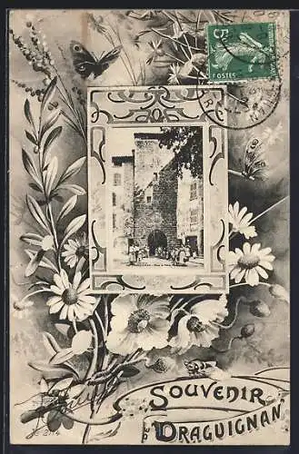 AK Draguignan, Souvenir avec fleurs et architecture médiévale