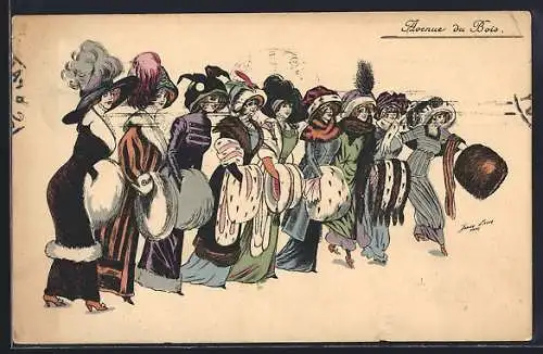 Künstler-AK Xavier Sager: Avenue du Bois, Damen in Mänteln mit Muffs