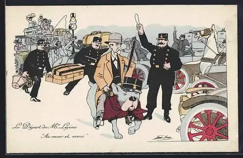 Künstler-AK Xavier Sager: Mann reiter auf einem grossen Hund, Le Depart de Mr Levine