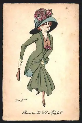 Künstler-AK Xavier Sager: Frau mit Handtasche und blauem Hut