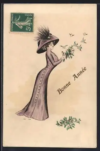 Künstler-AK Xavier Sager: Frau in lilanem Kleid mit Vögeln, Bonne Année