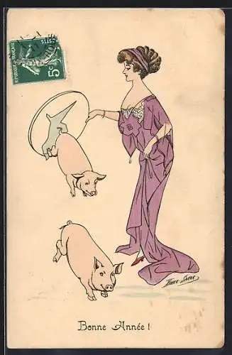 Künstler-AK Xavier Sager: Frau in lilanem Kleid mit Schweinen