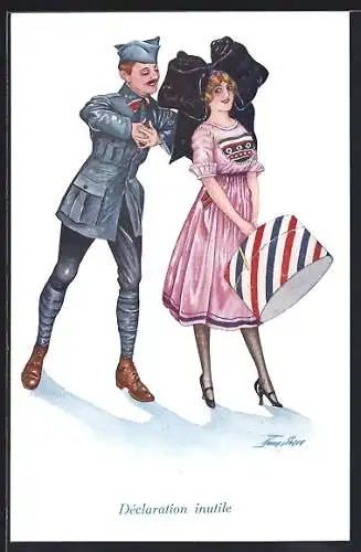 Künstler-AK Xavier Sager: Soldat in Uniform mit Frau in rosanem Kleid, Declaration inutile