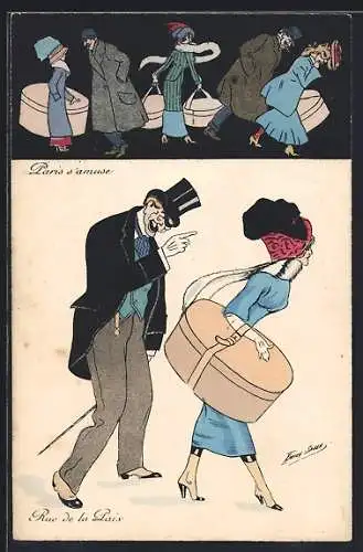 Künstler-AK Xavier Sager: Männer machen sich über Frauen mit grossen Hutschachteln lustig, Paris s`amuse