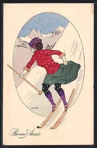 Künstler-AK Xavier Sager: Skiläuferin auf der Piste