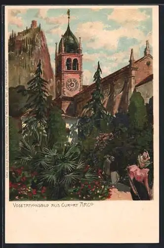 Künstler-Lithographie Raoul Frank: Arco, Vegetationsbild mit Kirche